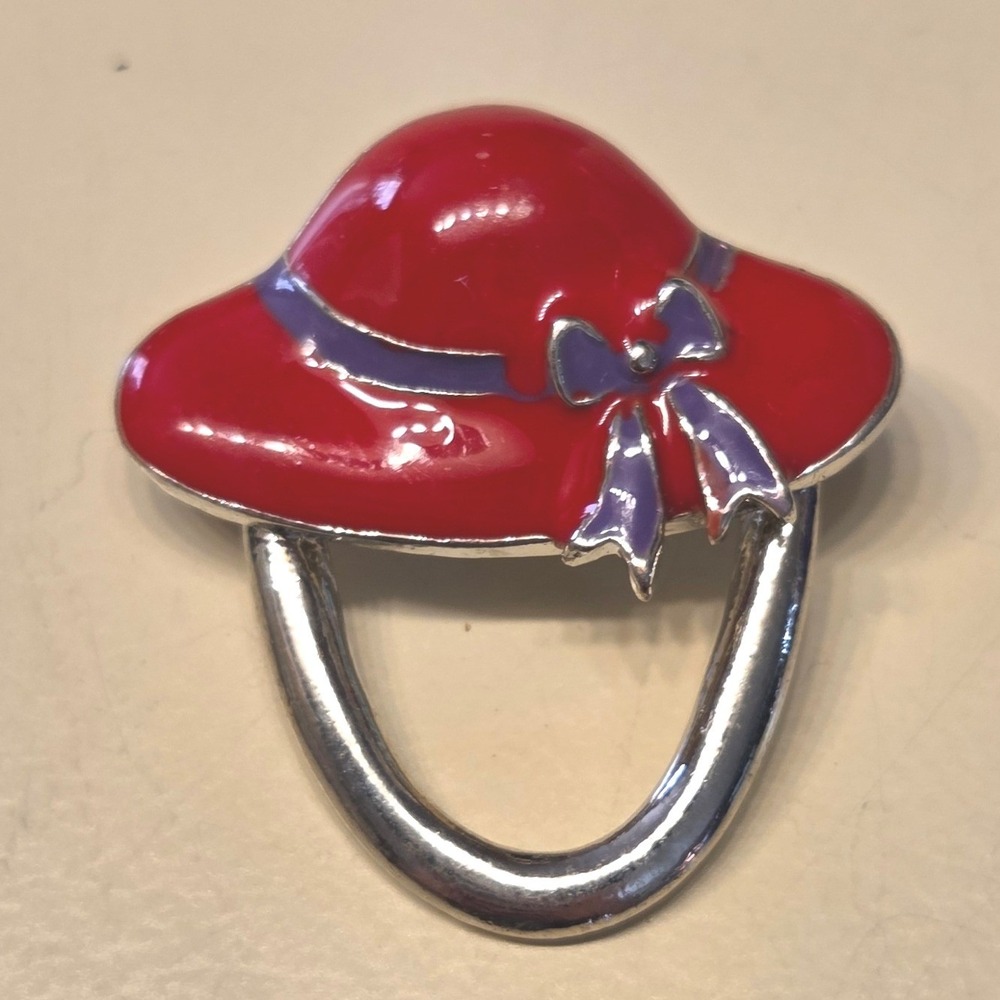 Vintage Enamel Red Hat Pin Brooch Purple Ribbon Bow Silver Tone‎ Loop Women